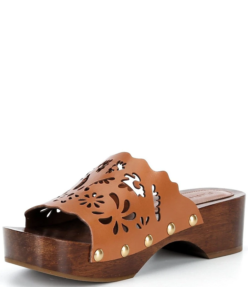 FARM Rio Lace Leather Laser Cut Studded Wood Clog Slides