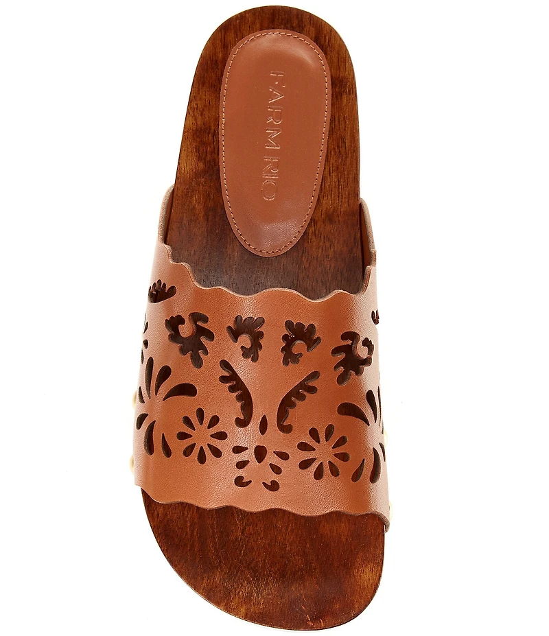 FARM Rio Lace Leather Laser Cut Studded Wood Clog Slides