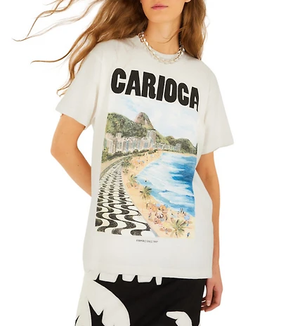 Farm Rio Landscape Carioca Off-White Crew Neck Short Sleeve Relaxed T-Shirt
