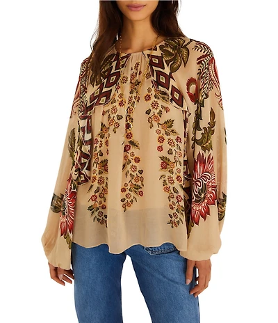 Farm Rio Ligia Floral Cascade Printed Beige Round Neck Long Sleeve Blouse Top