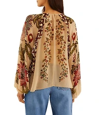 Farm Rio Ligia Floral Cascade Printed Beige Round Neck Long Sleeve Blouse Top