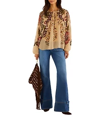 Farm Rio Ligia Floral Cascade Printed Beige Round Neck Long Sleeve Blouse Top