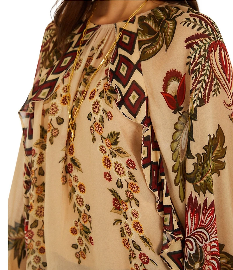 Farm Rio Ligia Floral Cascade Printed Beige Round Neck Long Sleeve Blouse Top