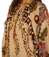 Farm Rio Ligia Floral Cascade Printed Beige Round Neck Long Sleeve Blouse Top