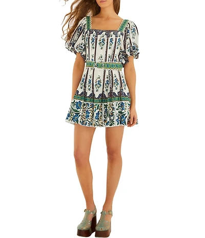 Farm Rio Manoela Square Neck Short Puff Sleeve Belted Linen Blend Mini Dress