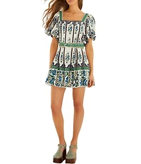 Farm Rio Manoela Square Neck Short Puff Sleeve Belted Linen Blend Mini Dress