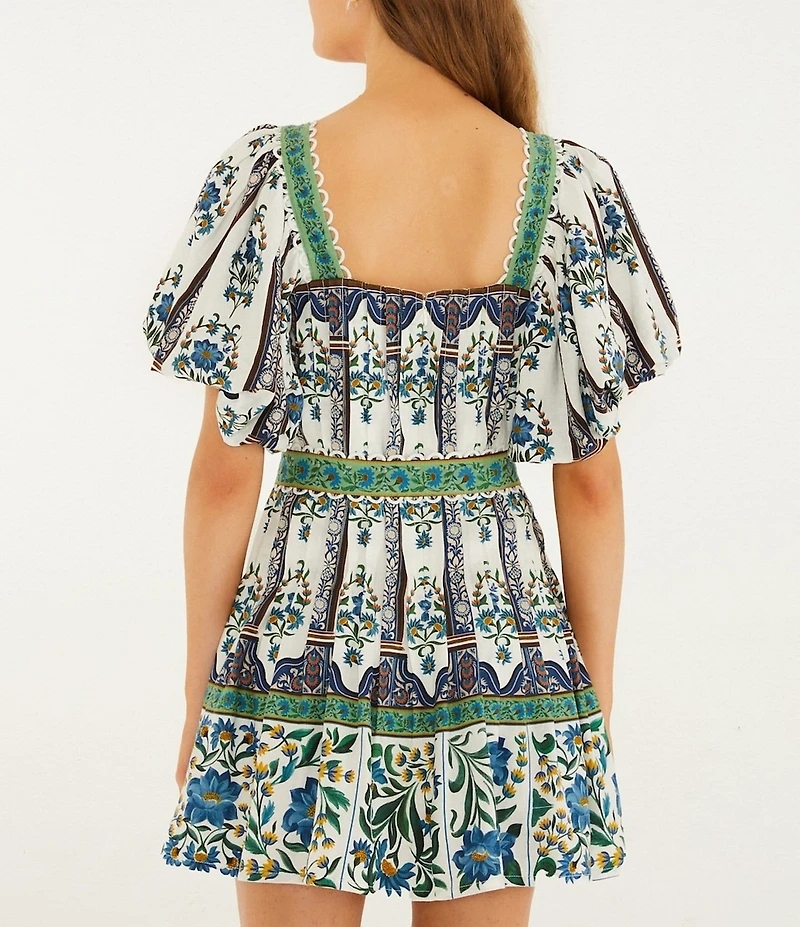 Farm Rio Manoela Square Neck Short Puff Sleeve Belted Linen Blend Mini Dress