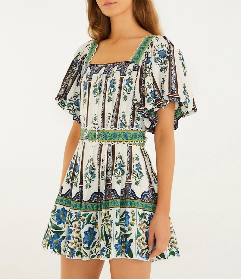 Farm Rio Manoela Square Neck Short Puff Sleeve Belted Linen Blend Mini Dress