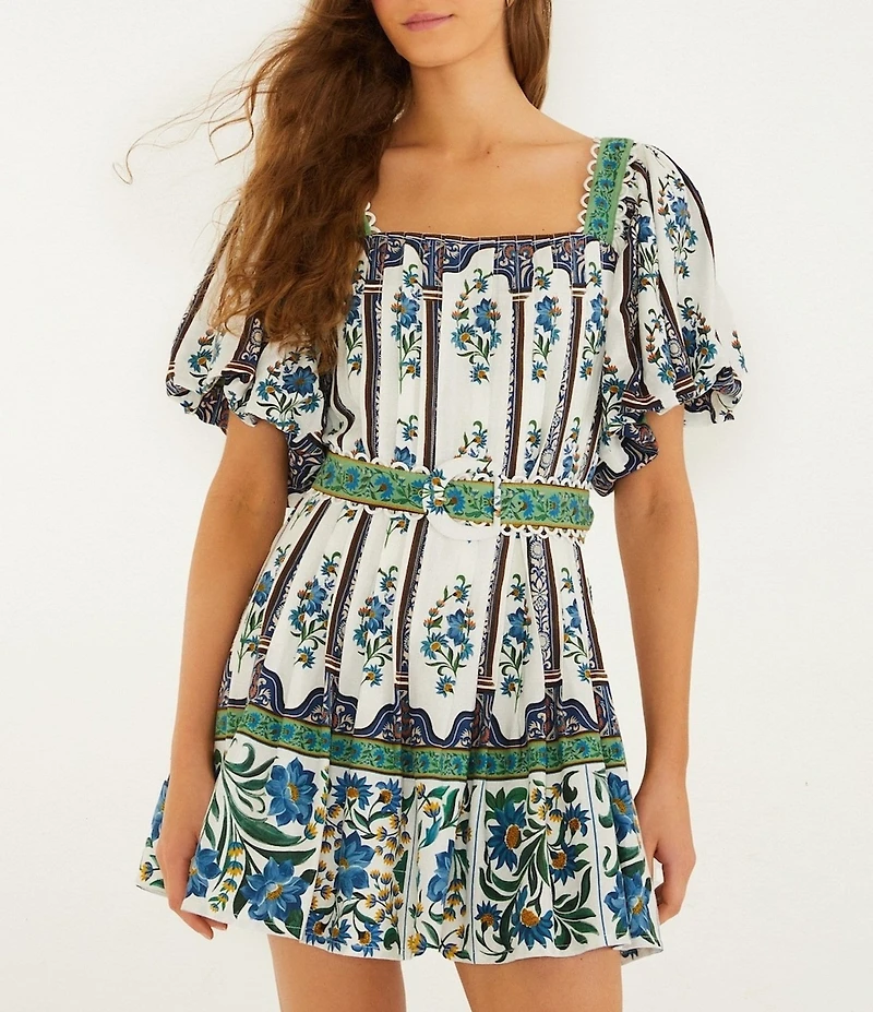 Farm Rio Manoela Square Neck Short Puff Sleeve Belted Linen Blend Mini Dress
