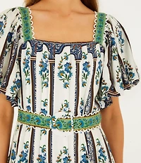 Farm Rio Manoela Square Neck Short Puff Sleeve Belted Linen Blend Mini Dress