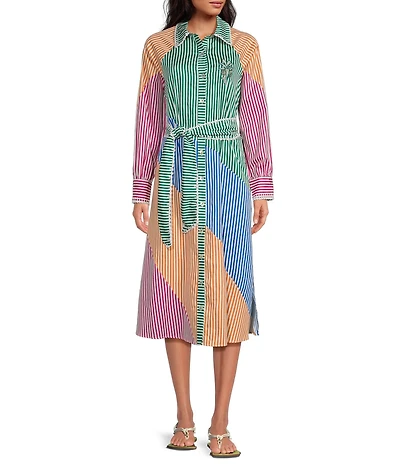 Farm Rio Multicolor Stripes Point Collar Long Sleeve Embroidered Belted Midi Dress