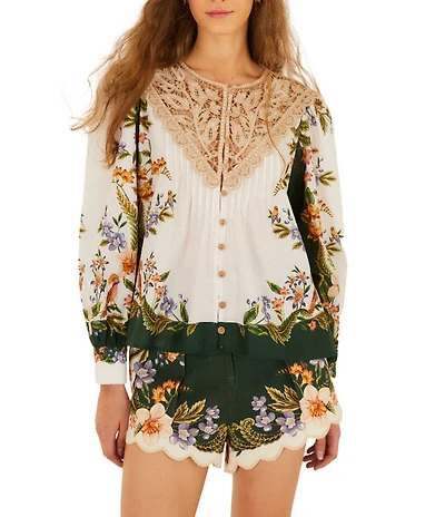 Farm Rio Nature Sand Floral Print Round Neck Long Sleeve Button Front Coordinating Blouse