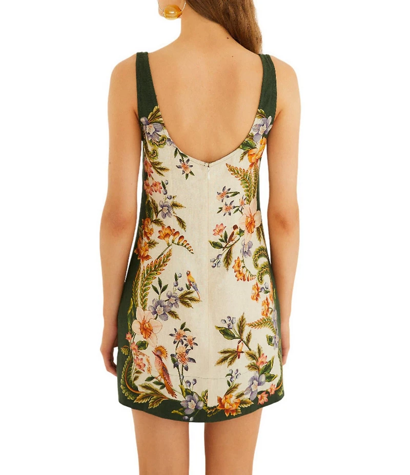 Farm Rio Nature Sand Linen Square Neck Sleeveless Mini Dress