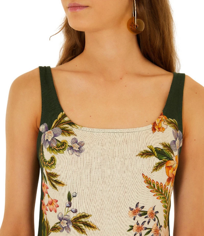 Farm Rio Nature Sand Linen Square Neck Sleeveless Mini Dress