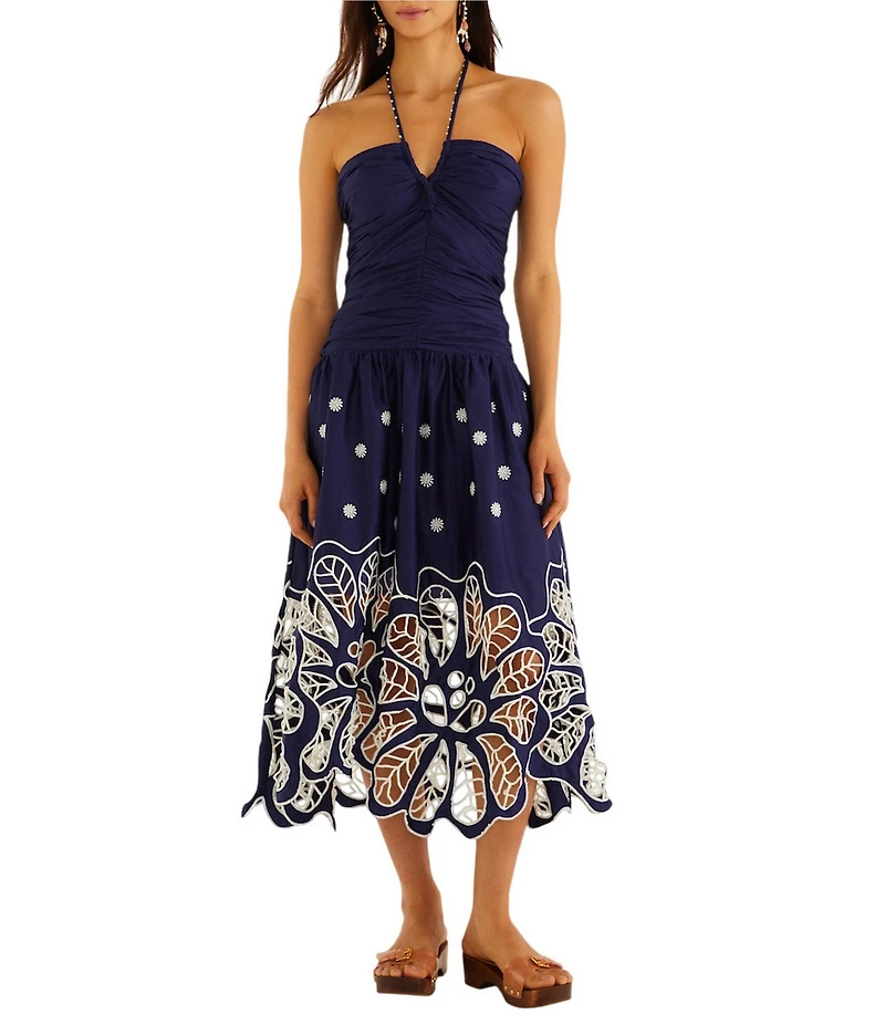 Farm Rio Navy Blue Embroidered Richelieu Halter Sleeveless Floral Cutout Midi Dress