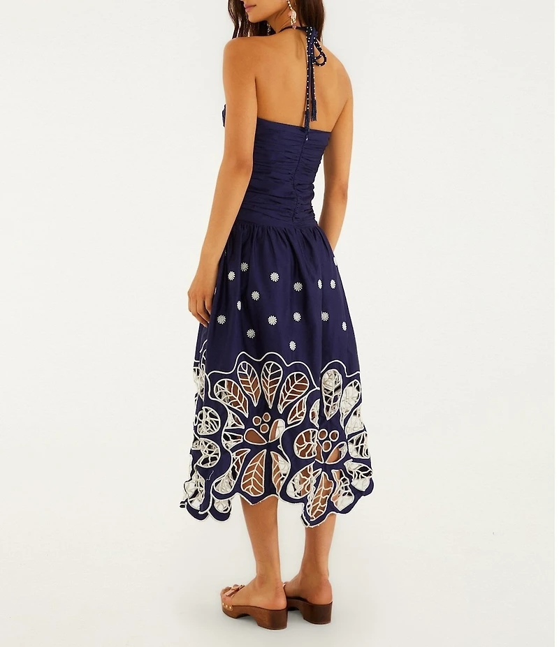 Farm Rio Navy Blue Embroidered Richelieu Halter Sleeveless Floral Cutout Midi Dress