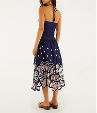 Farm Rio Navy Blue Embroidered Richelieu Halter Sleeveless Floral Cutout Midi Dress