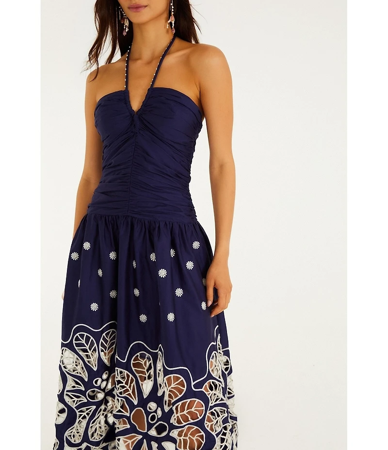 Farm Rio Navy Blue Embroidered Richelieu Halter Sleeveless Floral Cutout Midi Dress