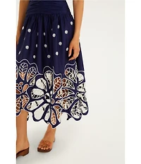 Farm Rio Navy Blue Embroidered Richelieu Halter Sleeveless Floral Cutout Midi Dress