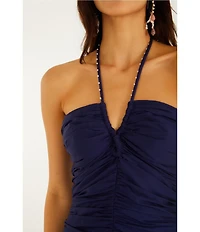 Farm Rio Navy Blue Embroidered Richelieu Halter Sleeveless Floral Cutout Midi Dress