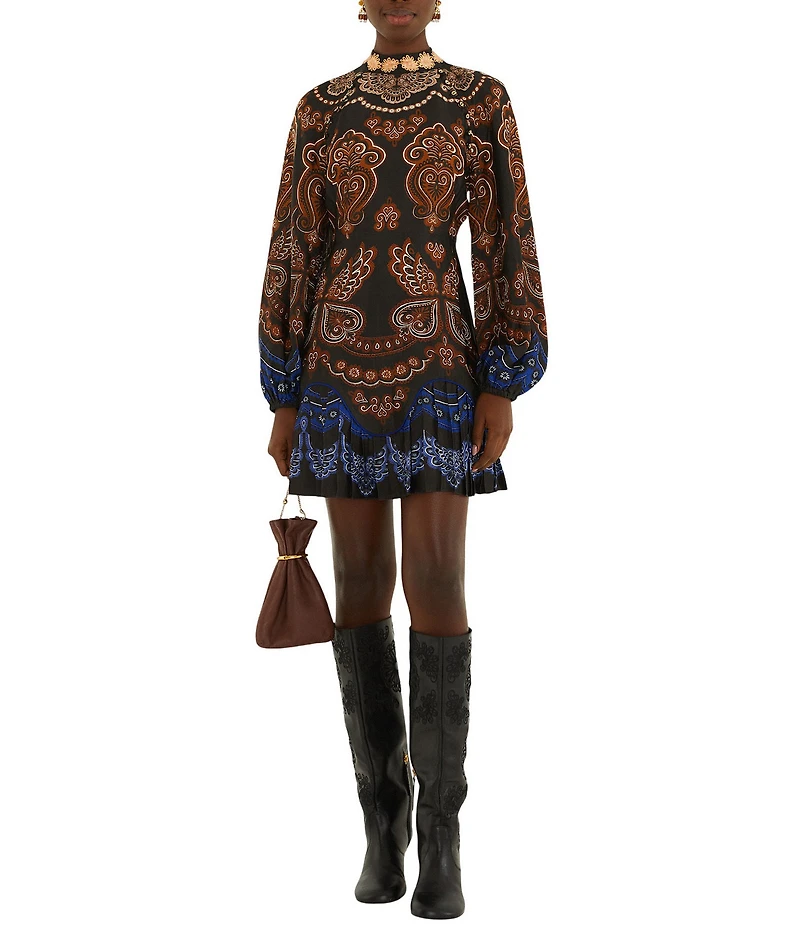 Farm Rio Nicole Printed Satin Mock-Neck Long Sleeve A-Line Mini Dress