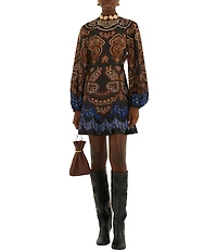 Farm Rio Nicole Printed Satin Mock-Neck Long Sleeve A-Line Mini Dress