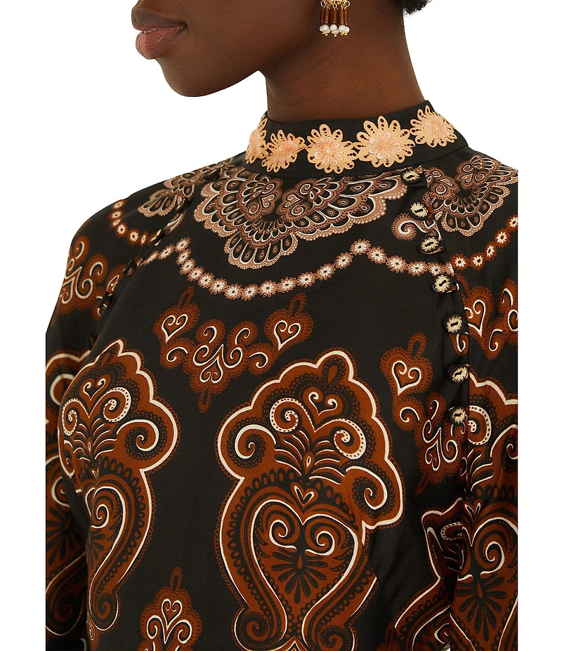 Farm Rio Nicole Printed Satin Mock-Neck Long Sleeve A-Line Mini Dress