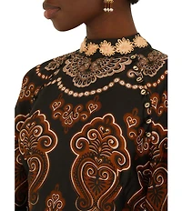 Farm Rio Nicole Printed Satin Mock-Neck Long Sleeve A-Line Mini Dress