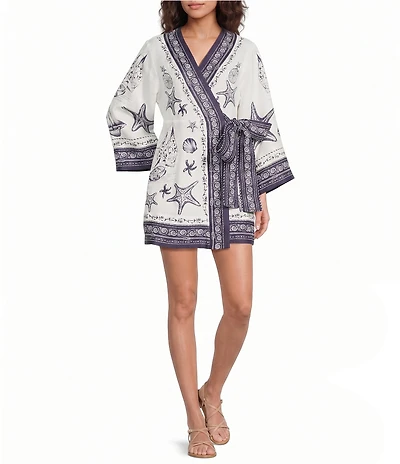 Farm Rio Off-White Coast Scarf V-Neck Long Sleeve Mini Wrap Dress