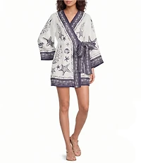 Farm Rio Off-White Coast Scarf V-Neck Long Sleeve Mini Wrap Dress