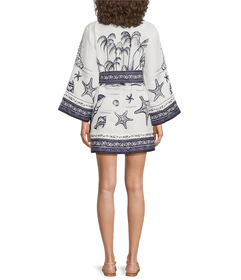 Farm Rio Off-White Coast Scarf V-Neck Long Sleeve Mini Wrap Dress