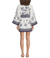 Farm Rio Off-White Coast Scarf V-Neck Long Sleeve Mini Wrap Dress