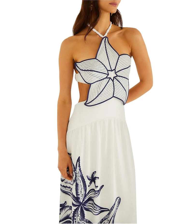 Farm Rio Off-White Coast Stars 3D Bodice Halter Neck Sleeveless Maxi Dress