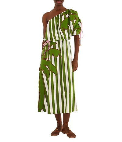 Farm Rio One Shoulder Stripe Tropical Placement Print Linen Blend Midi Dress