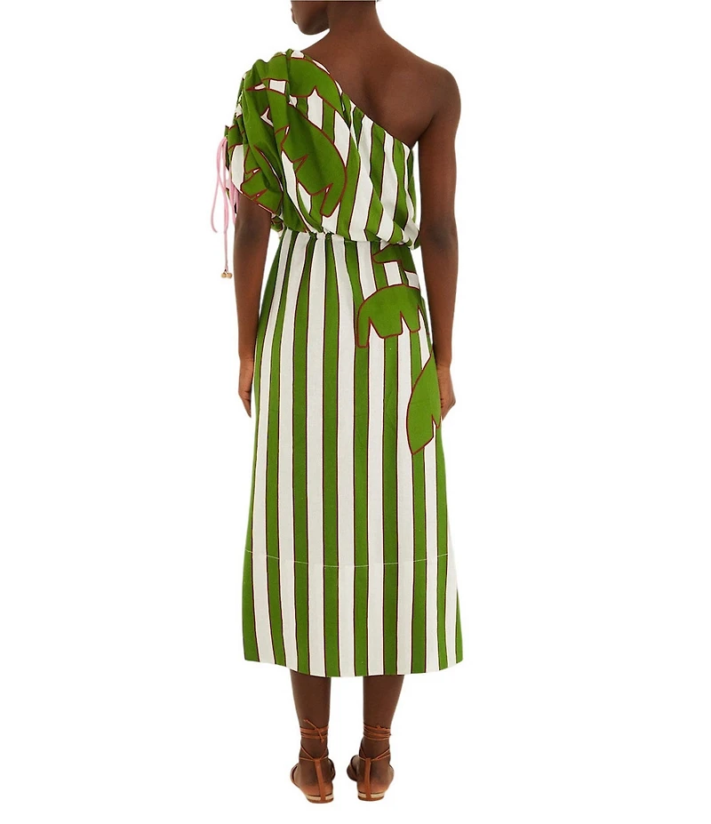 Farm Rio One Shoulder Stripe Tropical Placement Print Linen Blend Midi Dress