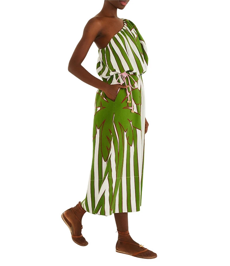 Farm Rio One Shoulder Stripe Tropical Placement Print Linen Blend Midi Dress
