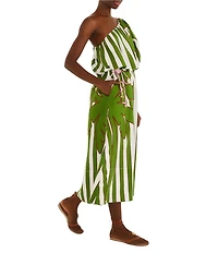 Farm Rio One Shoulder Stripe Tropical Placement Print Linen Blend Midi Dress