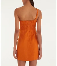 Farm Rio Orange One Shoulder Sweetheart Neckline Flower Applique Mini Linen Dress