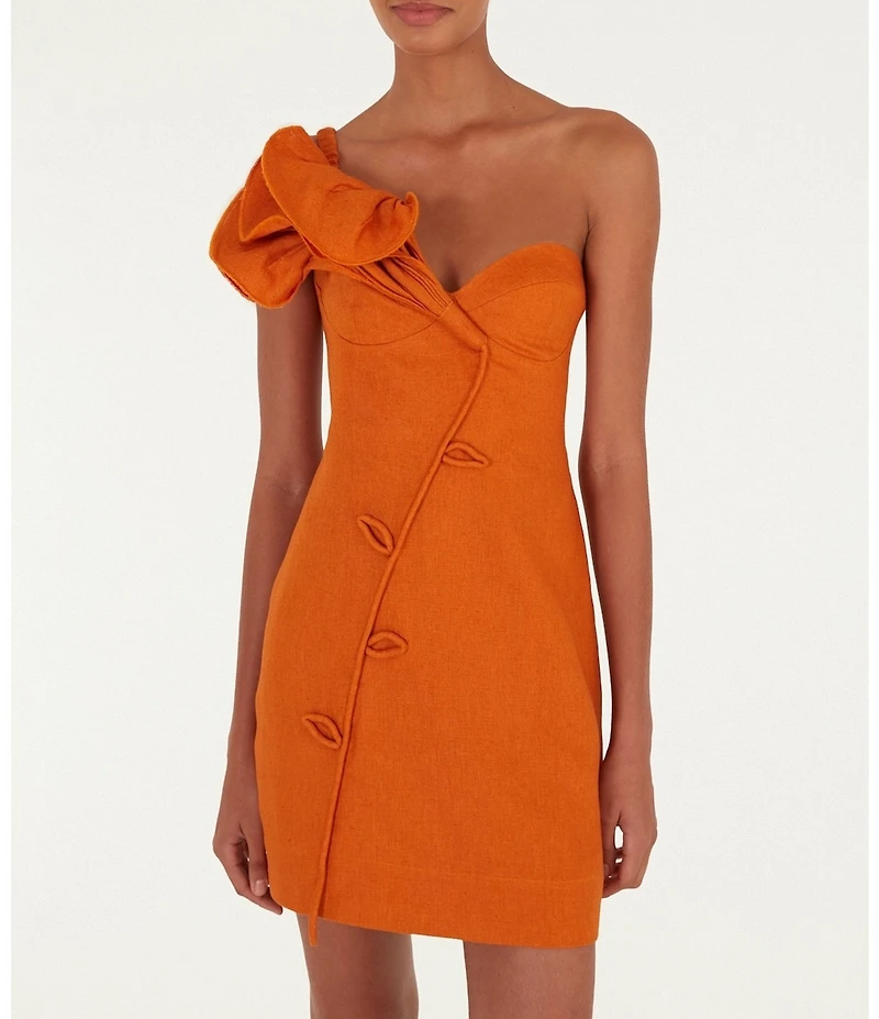 Farm Rio Orange One Shoulder Sweetheart Neckline Flower Applique Mini Linen Dress