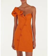 Farm Rio Orange One Shoulder Sweetheart Neckline Flower Applique Mini Linen Dress