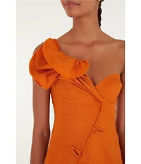 Farm Rio Orange One Shoulder Sweetheart Neckline Flower Applique Mini Linen Dress