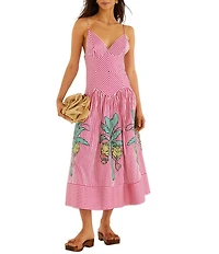 Farm Rio Pink Palm Tree Stripes Cutwork V-Neck Sleeveless Midi Dress