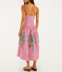 Farm Rio Pink Palm Tree Stripes Cutwork V-Neck Sleeveless Midi Dress