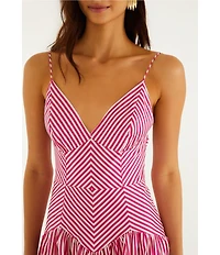 Farm Rio Pink Palm Tree Stripes Cutwork V-Neck Sleeveless Midi Dress