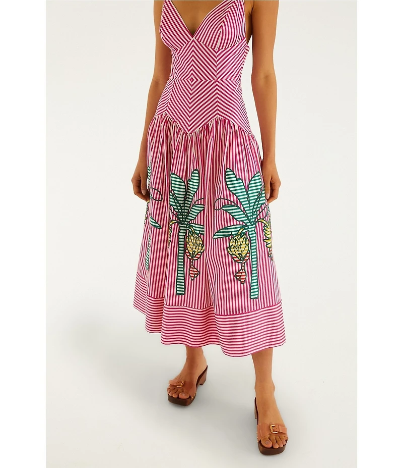 Farm Rio Pink Palm Tree Stripes Cutwork V-Neck Sleeveless Midi Dress