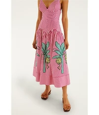 Farm Rio Pink Palm Tree Stripes Cutwork V-Neck Sleeveless Midi Dress