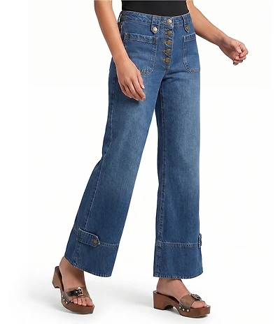 Farm Rio Porcelain Birds High Rise Flare Leg Coordinating Denim Pants