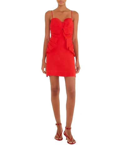 Farm Rio Red Sweetheart Neckline Sleeveless 3D Flower Mini Linen Dress
