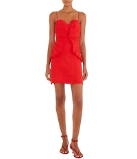Farm Rio Red Sweetheart Neckline Sleeveless 3D Flower Mini Linen Dress