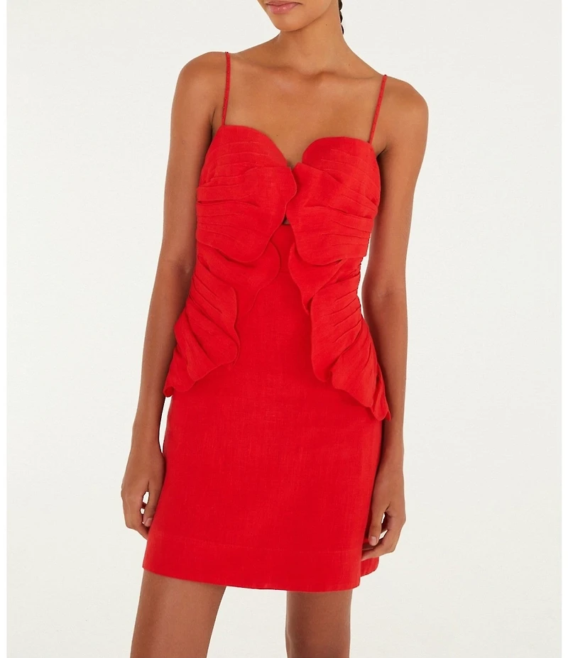 Farm Rio Red Sweetheart Neckline Sleeveless 3D Flower Mini Linen Dress